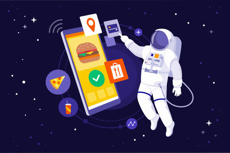 Astronaut floating in space and ordering fast food using a huge smartphoneのイラスト素材