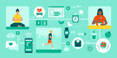 Healthy lifestyle concepts: balanced diet, meditation, sports and nutrient foodのイラスト素材
