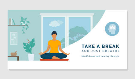 Woman sitting on the floor and doing meditation at home, relaxation and mindfulness concept