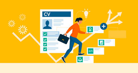Reskilling and upskilling in response to the coronavirus job crisis: businesswoman adding skills to her CV and increasing her employment opportunitiesのイラスト素材