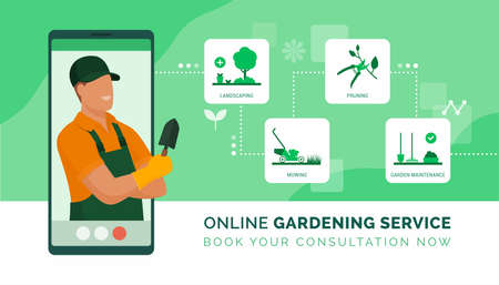 Professional gardener on a video call giving advice and presenting his gardening servicesのイラスト素材