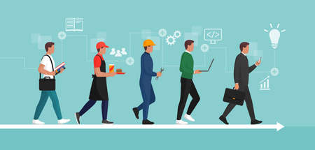 Man changing his job and upskilling: career development and skill acquisition on a timeline