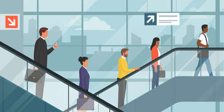 People on the escalator in a corporate building and city skyline in the backgroundのイラスト素材