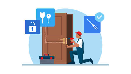 Professional locksmith repairing a door lock using professional toolsのイラスト素材