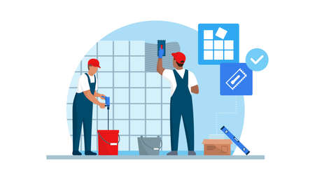 Professional tilers installing tiles on a wall using professional tools, home renovation conceptのイラスト素材
