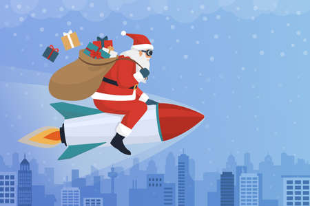 Happy Santa Claus riding a rocket over the city and carrying Christmas gifts in his sackのイラスト素材