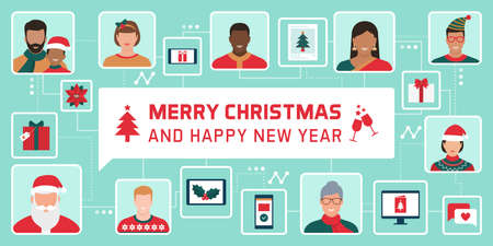 People from all over the world connecting together online, they are celebrating Christmas and sending wishes, technology and holidays conceptのイラスト素材