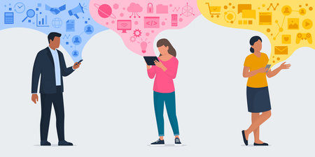 People connecting online on their devices and using digital apps: digital services, business, social media and entertainmentのイラスト素材