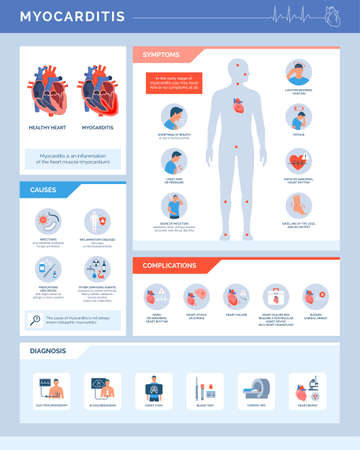Myocarditis heart inflammation: causes, symptoms, complications and diagnosis, medical infographic with iconsのイラスト素材