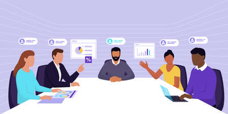 Corporate business team having a meeting in a virtual office room: digital workspace, remote work and teamwork conceptのイラスト素材