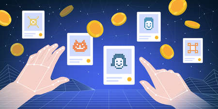 User buying NFT cryptoart using cryptocurrency in the metaverseのイラスト素材