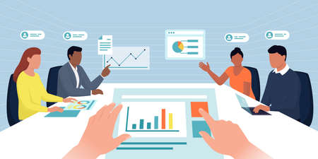 Corporate business team having a meeting in a virtual office room: digital workspace, remote work...