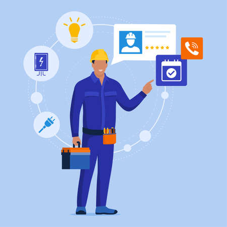 Professional electrician presenting his services and receiving calls, online electrical service...