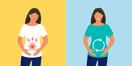 Woman with belly pain and gut healing, how to improve your digestion and maintain healthy gutsのイラスト素材