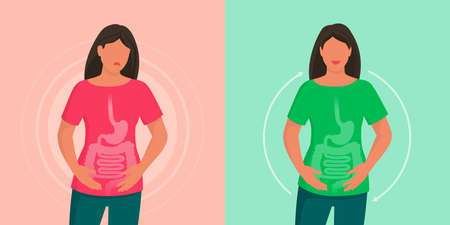 Woman with belly pain and gut healing, how to improve your digestion and maintain healthy gutsのイラスト素材