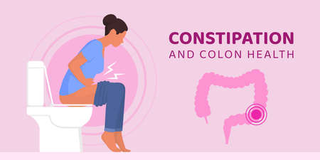 Constipated woman sitting on the toilet, colon health and bowel diseases conceptのイラスト素材