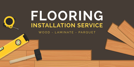 Hardwood flooring professional installation service banner with tools and copy spaceのイラスト素材