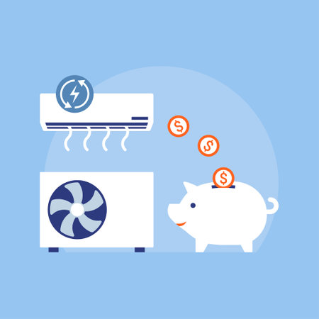 Save money on cooling costs: air conditioner and coins falling in a piggy bankのイラスト素材