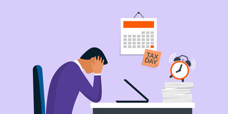 Desperate businessman sitting at office desk with head in hands and tad day reminder, crisis and payments conceptのイラスト素材