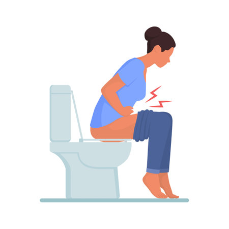 Constipated woman sitting on the toilet, colon health and bowel diseases conceptのイラスト素材