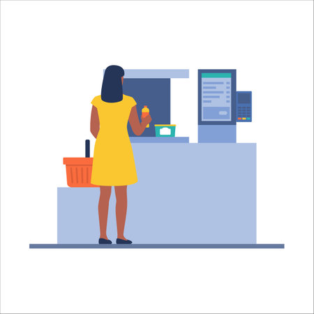 Woman doing grocery shopping and using the self-checkout at the supermarket, automation and retail conceptのイラスト素材