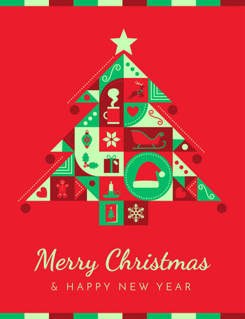Colorful Christmas card with abstract Christmas tree and abstract iconsのイラスト素材