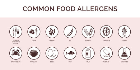 Food allergens and ingredients icon set, food label and packaging conceptのイラスト素材