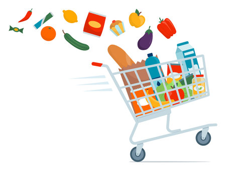 Fast supermarket shopping cart full of fresh groceries isolatedのイラスト素材