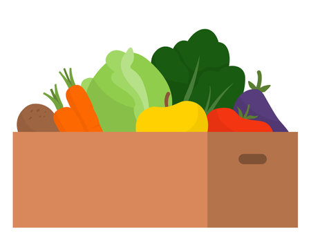 Cardboard box full of fresh vegetables, grocery shopping and home delivery conceptのイラスト素材