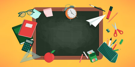 Back to school and education banner with chalkboard and school equipmentのイラスト素材