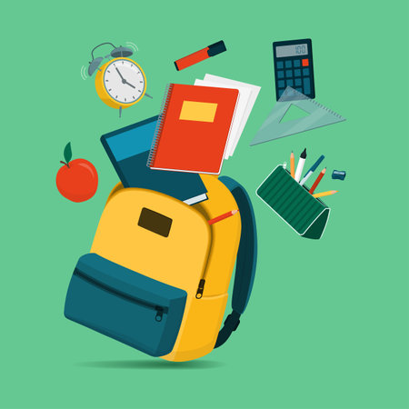 Colorful school equipment falling in an open backpack, back to school and education conceptのイラスト素材