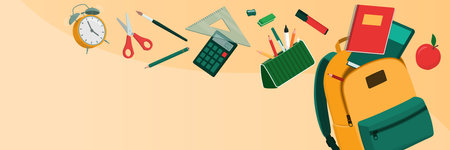 Colorful school equipment falling in an open backpack, back to school and education concept