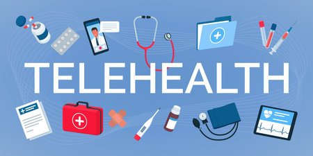 Telehealth text surrounded by medical equipment: online doctor and telemedicine conceptのイラスト素材