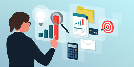 Corporate businesswoman interacting with virtual screen interfaces, she is checking financial reports and investments: business, finance and technology conceptのイラスト素材