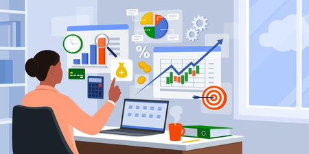 Businesswoman in the office interacting with virtual screens and chartsのイラスト素材