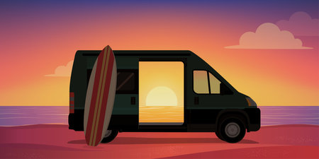 Van life: van and surfboard on the beach at sunsetのイラスト素材