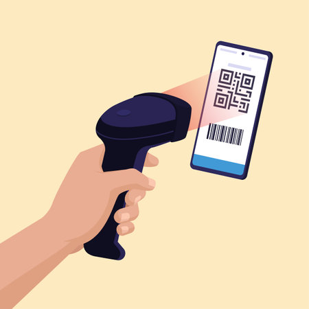 Scanner recognizing and reading a QR code on smartphone screen, QR code payments conceptのイラスト素材