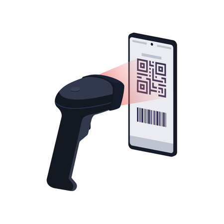 Scanner recognizing and reading a QR code on smartphone screen, QR code payments conceptのイラスト素材