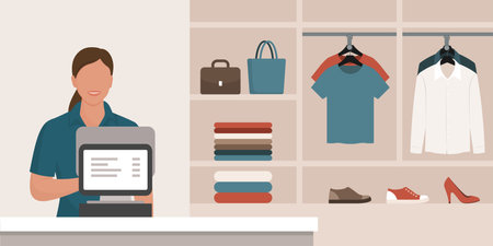 Happy woman working in a clothes store and shop interiorのイラスト素材