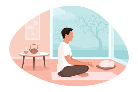 Man sitting on the floor and meditating at home, mindfulness and relaxation conceptのイラスト素材