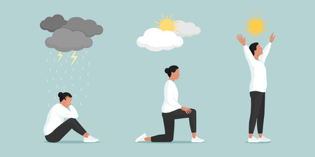 Woman overcoming depression and improving her mood: mental health, mind and therapy conceptのイラスト素材