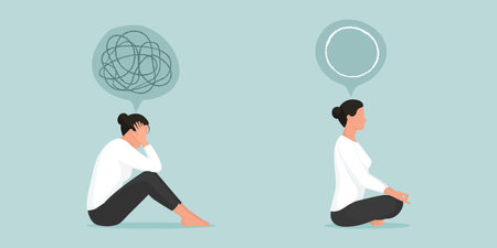 Woman practicing meditation to reduce stress and boost moodのイラスト素材