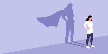 Confident woman standing and looking away, she is casting the shadow of a superhero, confidence and strength conceptのイラスト素材