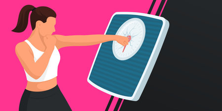 Fit strong woman punching and breaking a weighing scale: weight loss and fitness conceptのイラスト素材
