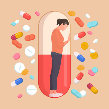 Woman suffering from prescription drug addiction, she is trapped inside a pillのイラスト素材
