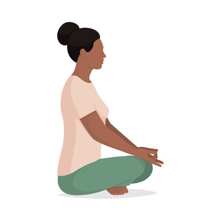 Relaxed woman sitting and practicing meditation, profile view, isolatedのイラスト素材