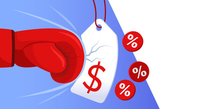 Boxing glove punching and breaking a price tag: sales and discounts conceptのイラスト素材