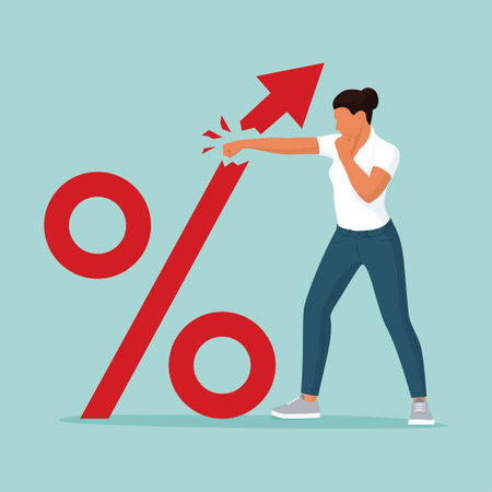Consumer punching a percent symbol with arrow going up: rising prices and inflation conceptのイラスト素材