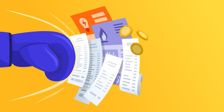Boxing glove punching many receipts and bills: reduce household expenses concept, copy spaceのイラスト素材