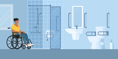 Woman in a wheelchair in an accessible bathroom, room interiors and accessibility conceptのイラスト素材